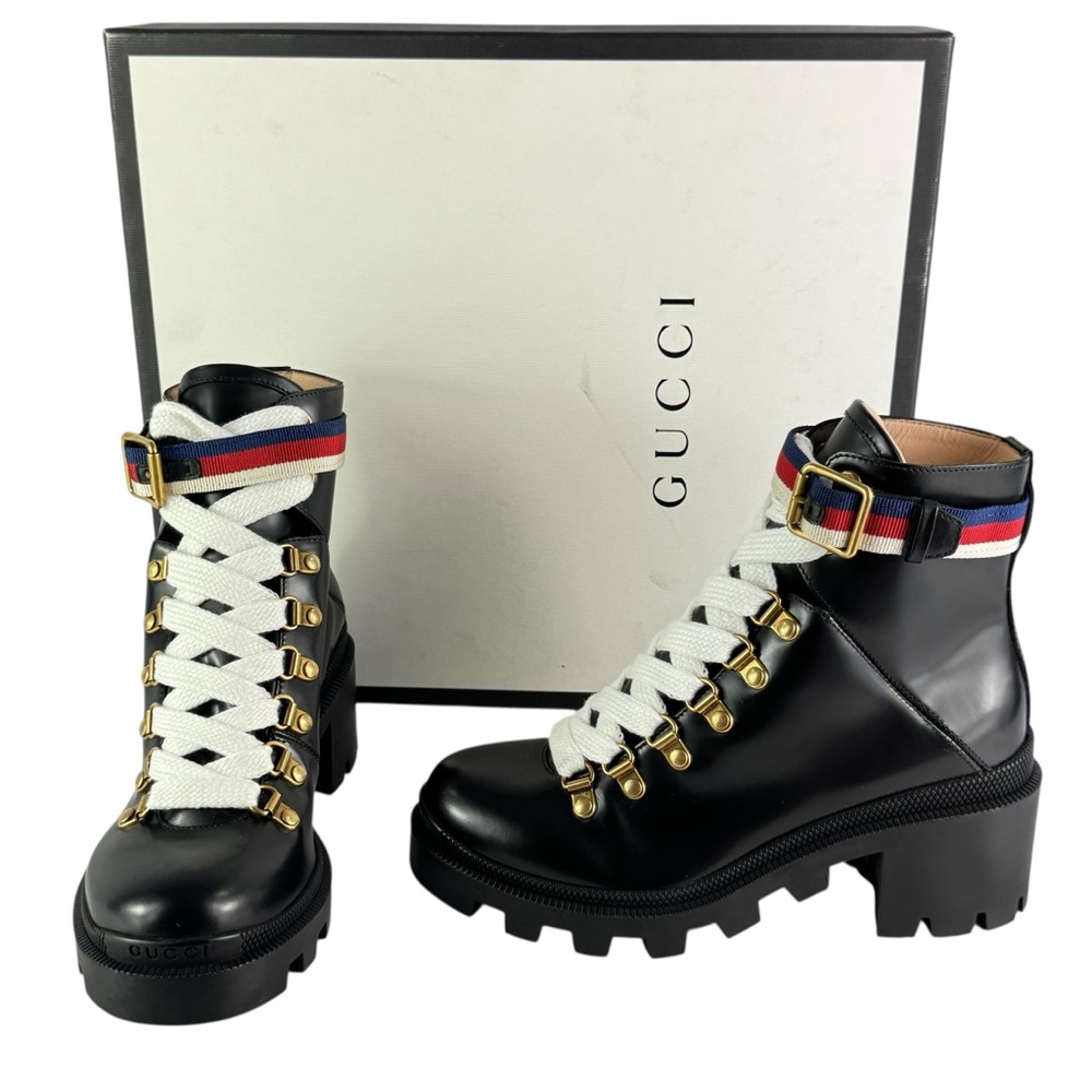 GUCCI 481156 Sylvie Web Lace Up Combat Platform Boots Black Leather 35.5 - 5.5US